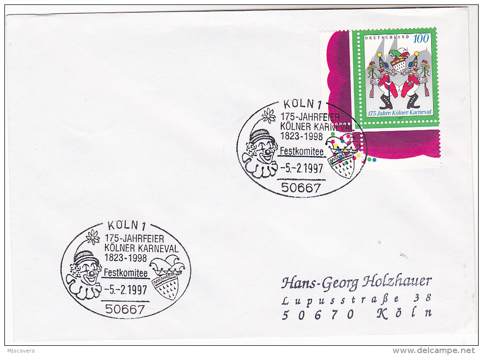 1997  CLOWN EVENT COVER KOLN CARNIVAL Anniv  Germany Stamps Clowns - Carnaval