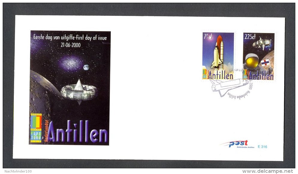 Miv316+Ab TRANSPORT TOEKOMSTIGE RUIMTEVAART SPACE SPACESHUTTLE ANAHEIM NEDERLANDSE ANTILLEN 2000 FDC's - América Del Sur