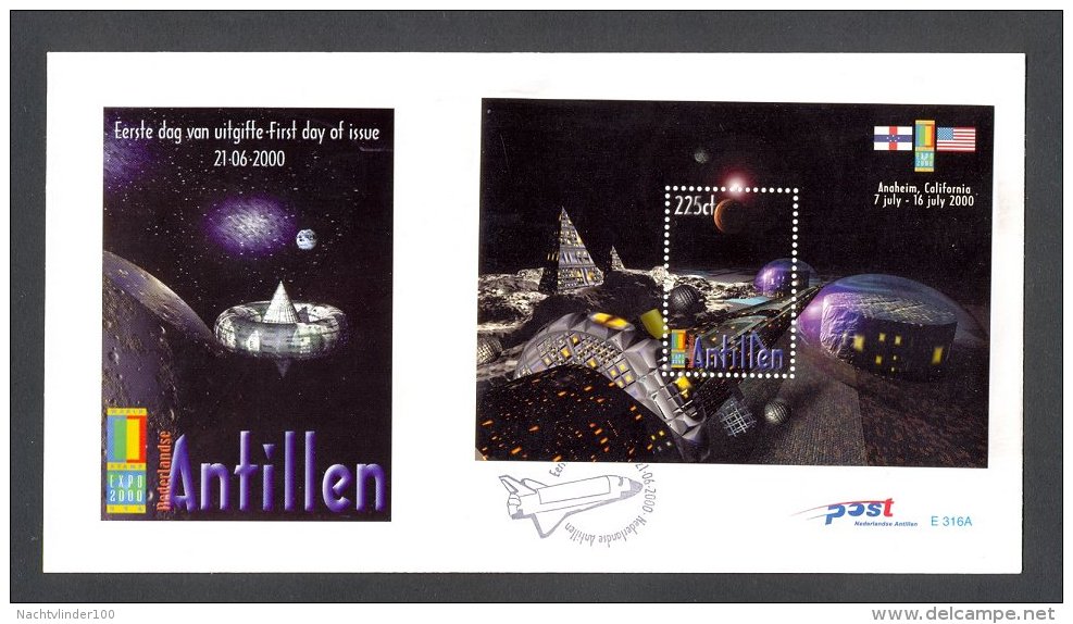 Miv316+Ab TRANSPORT TOEKOMSTIGE RUIMTEVAART SPACE SPACESHUTTLE ANAHEIM NEDERLANDSE ANTILLEN 2000 FDC's - South America