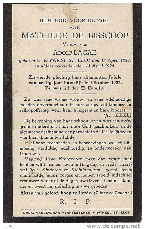 DP Mathilde DE BISSCHOP Lagae St-Eloois-Winkel 1839 / 1926 - Obituary Notices