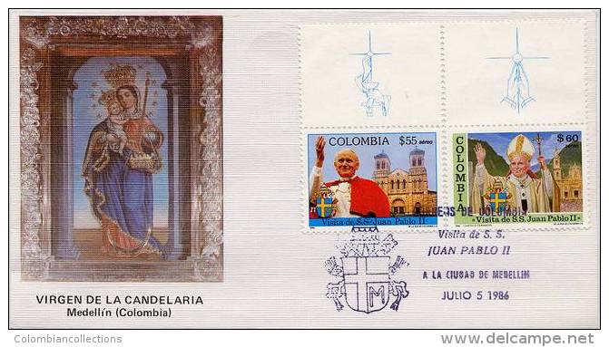 Lote 1704-5Fmcm, Colombia, 1986, SPD - FDC, Papa Juan Pablo II, Pope John Paul II, Medellin, Caliz-Manos - Colombie