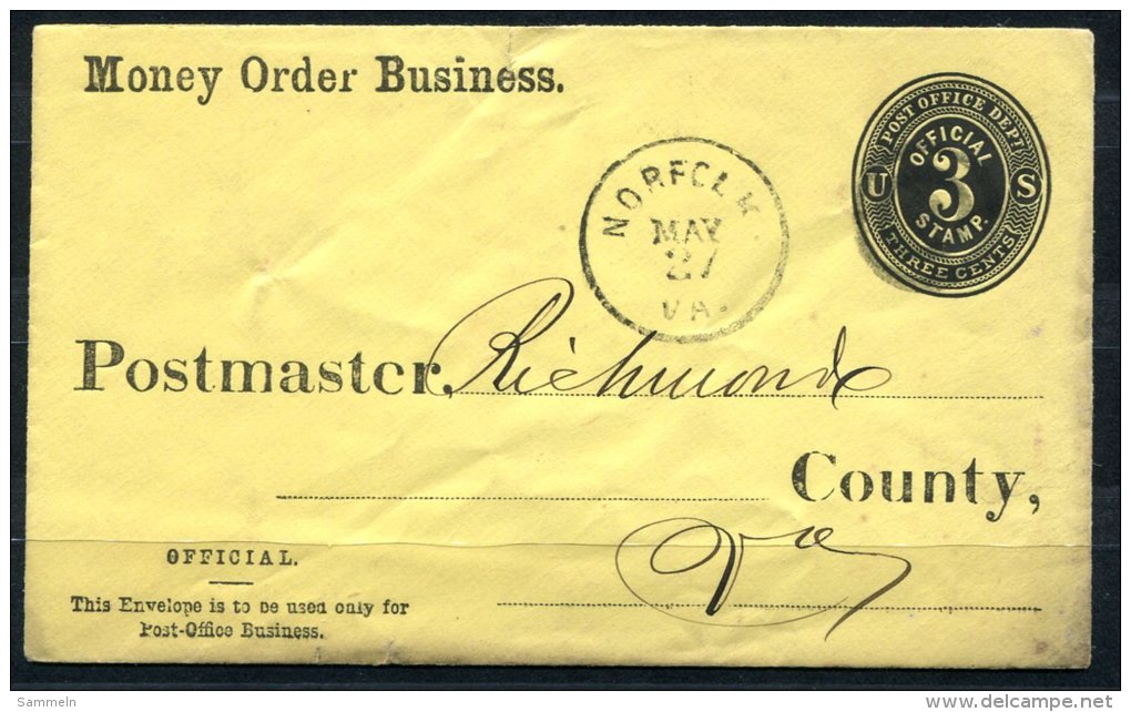 1376 - USA - Dienstmarken-Ganzsachen-Umschlag (B 28 A ??)-Service Stationery Cover (Money Order Business)from Norfolk,VA - 1921-40