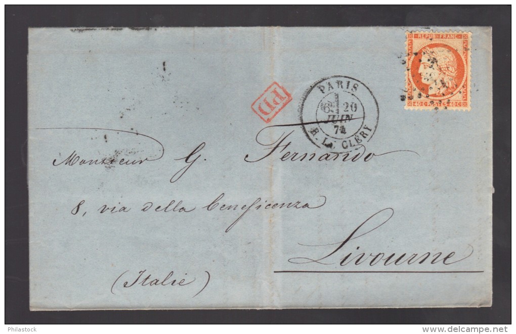 FRANCE 1874 N° 38 Obl. S/Lettre Entiére Paris étoile 24 Rue De Clery Pour L´Italie - 1870 Siège De Paris