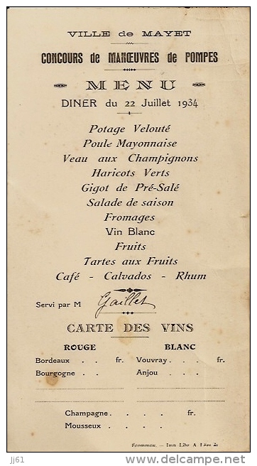 MAYET SARTHE MENU DU CONCOURS DE MANOEUVRES DE POMPES SERVI PAR M  GAILLET LE 22 JUILLET 1934 - Menú