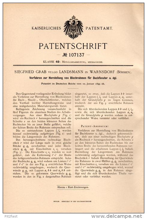 Original Patentschrift - S. Grab Vulgo Landsmann In Warnsdorf , 1899 , Dachfenster , Dachdecker , Dach , Varnsdorf !!! - Historical Documents