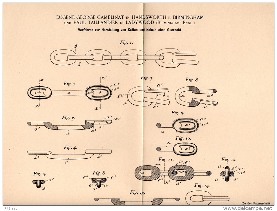 Original Patentschrift - E. Camelinat And P. Taillandier In Ladywood , 1898 , Manufacture Of Chaines , Cable , Chain !!! - Historische Documenten