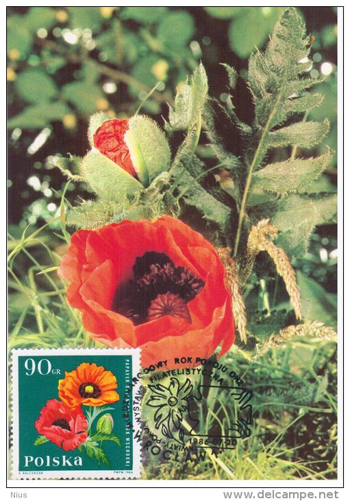 Poland 1986 Poppy Poppys Flower Flowers Flora Plants In Wroclaw Canceled - Tarjetas Máxima