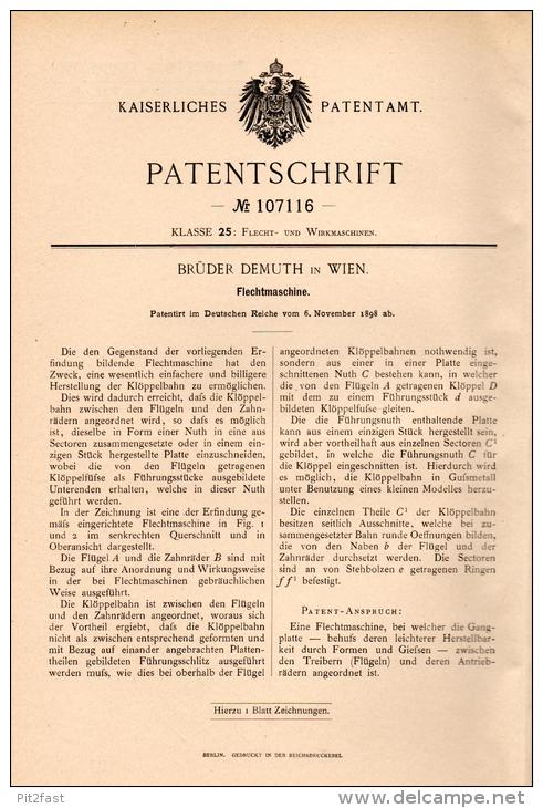Original Patentschrift - Brüder Demuth In Wien , 1898 , Flechtmaschine , Flechterei , Flechten !!! - Machines