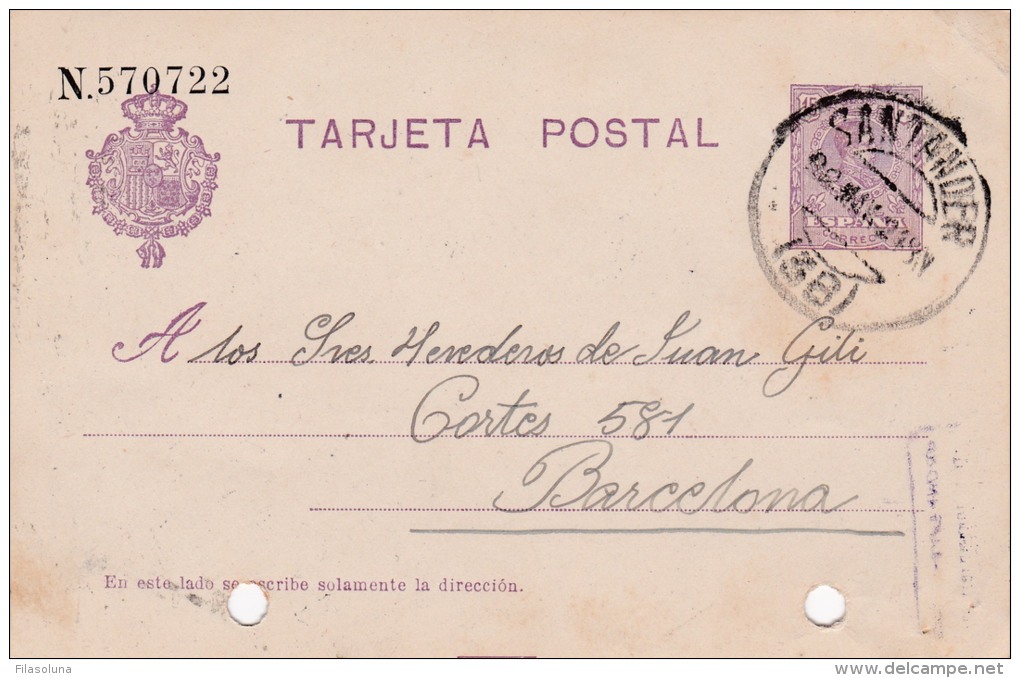 00036 Entero Postal Santander A Barcelona 1924 - 1850-1931