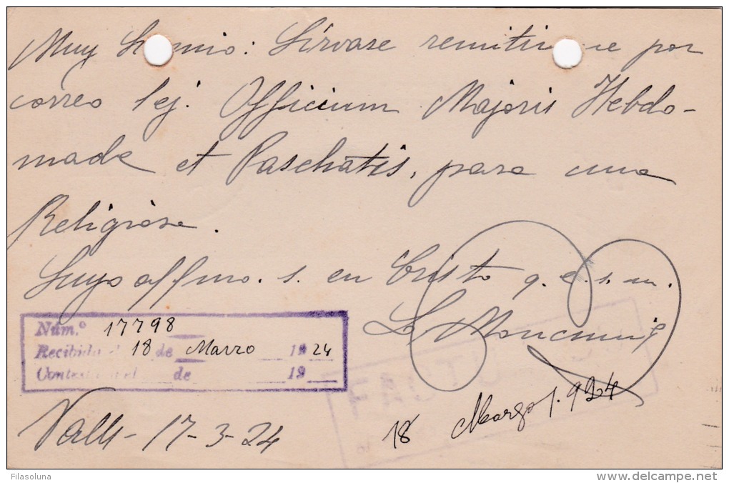 00039 Entero Postal Valls A Barcelona 1924 - 1850-1931