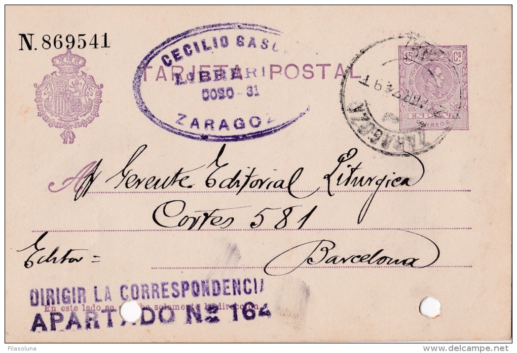 00029 Entero Postal De Zaragoza A Barcelona 1924 - 1850-1931