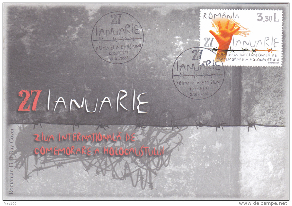 HOLOCAUST , 27 JANUARY - INTERNATIONAL DAY FOR THE COMMEMORATION OF THE HOLOCUAST , COVER FDC,ROMANIA - Judaisme