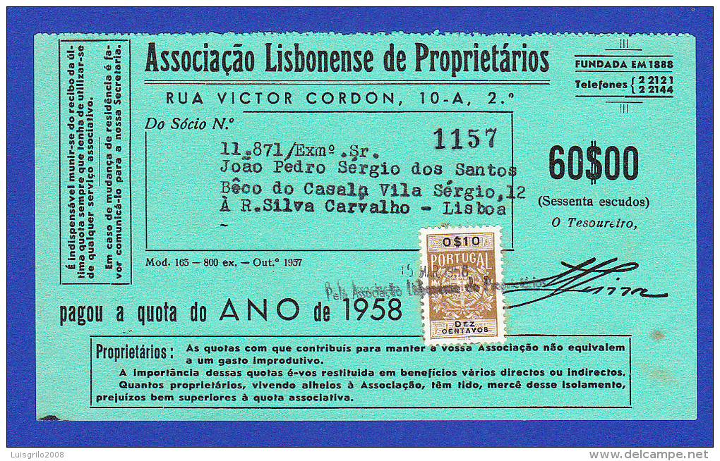 LISBOA, 1958 -- TIMBRE FISCAL 0$10 . DEZ CENTAVOS - Briefe U. Dokumente