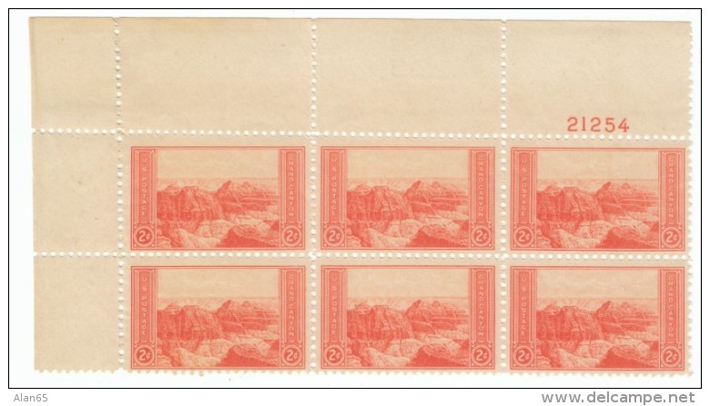 #741 2-cent National Park Issue  1934 Plate # Block Of 6 Grand Canyon US Postage Stamps - Numéros De Planches
