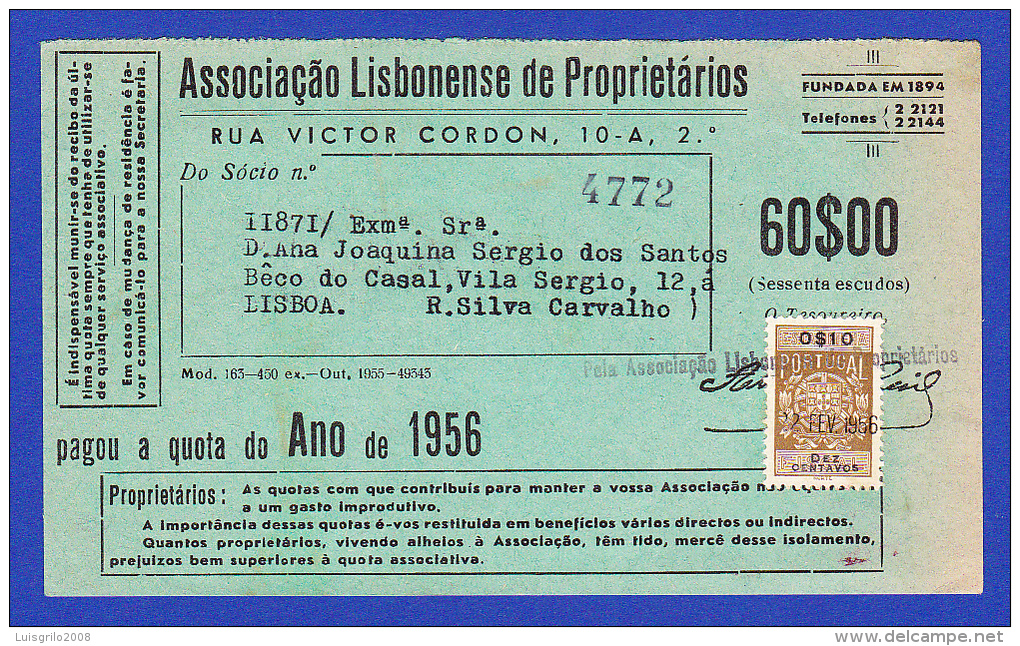 LISBOA, 1956 -- TIMBRE FISCAL . 0$10  DEZ CENTAVOS - Lettres & Documents