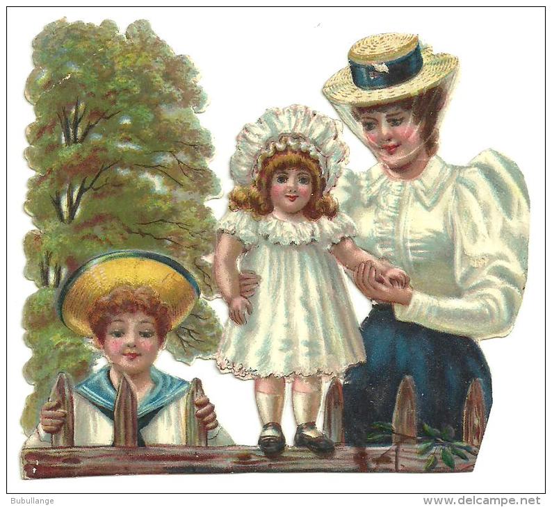 Découpis Gaufré , Enfants Au Parc Avec Nurse, Costume Marin, Dim. 9cm X 9.5cm - Kinderen