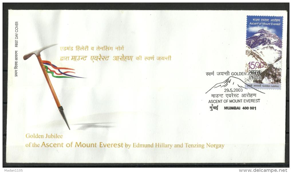 INDIA, 2003, FDC,Golden Jubilee Of Ascent Of Mount Everest By Tenzing Norgay / Edmund Hillary, 1st  Day Mumbai Cancelled - Briefe U. Dokumente