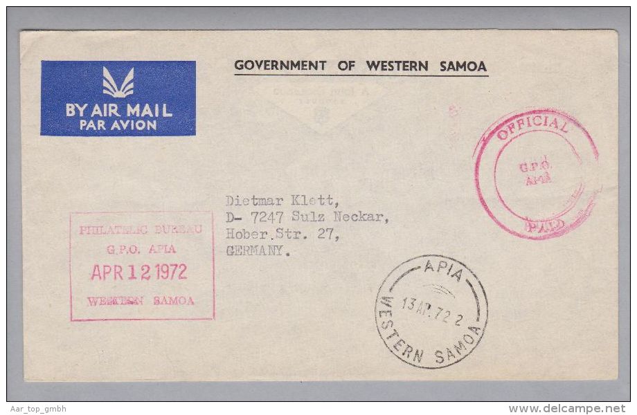 Ozeanien Western Samoa 1972-04-13 Apia Official Brief Nach Sulz DE - Samoa