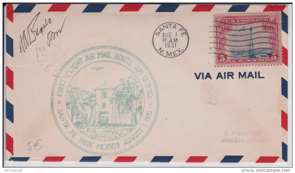 USA - 1931 - POSTE AERIENNE - ENVELOPPE AIRMAIL De SANTA FE ( NEW MEXICO ) FIRST FLIGHT AIR MAIL ROUTE - 1c. 1918-1940 Storia Postale