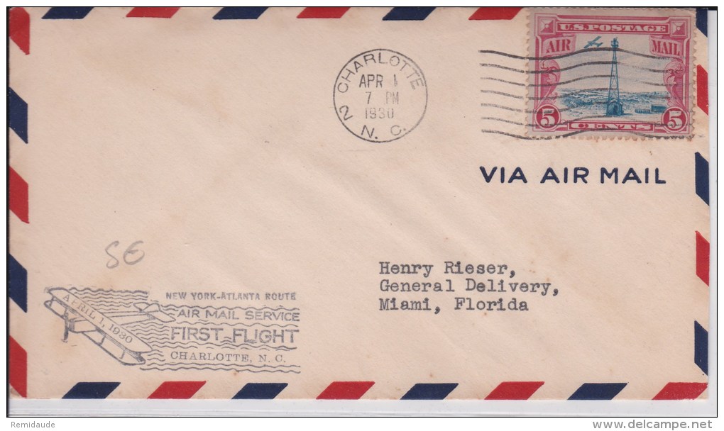 USA - 1930 - POSTE AERIENNE - ENVELOPPE AIRMAIL De CHARLOTTE ( NORTH CAROLINE ) FIRST FLIGHT NEW YORK - ATLANTA ROUTE - 1c. 1918-1940 Covers