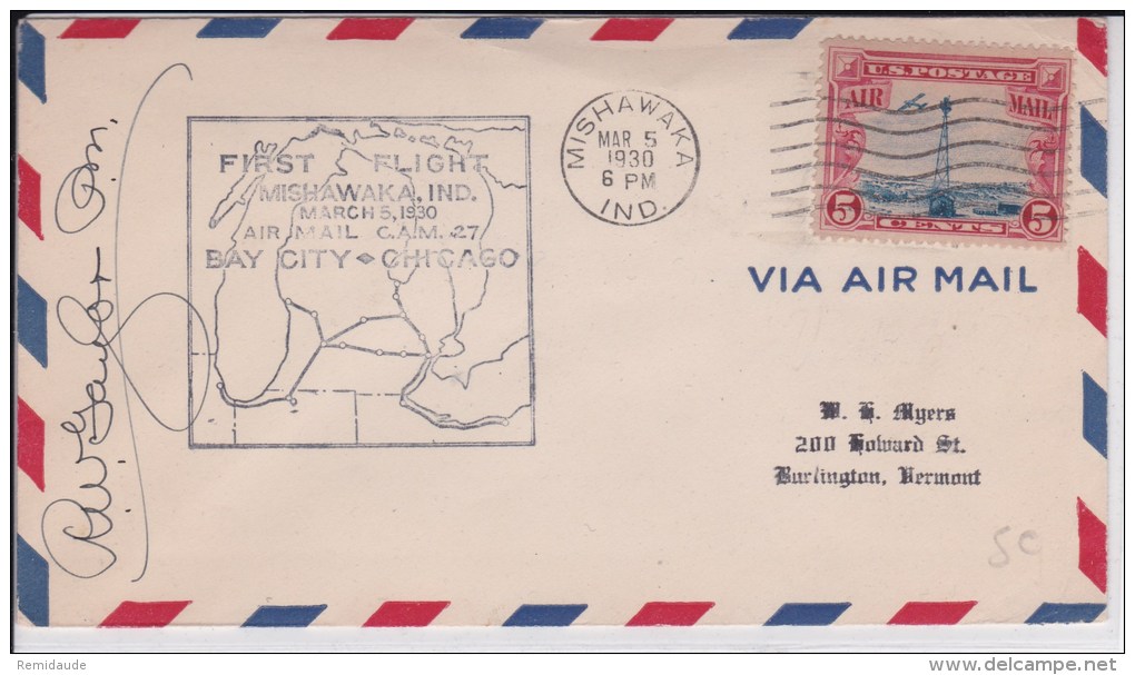 USA - 1930 - POSTE AERIENNE - ENVELOPPE AIRMAIL De MISHAWAKA - FIRST FLIGHT BAY CITY - CHICAGO - 1c. 1918-1940 Cartas & Documentos