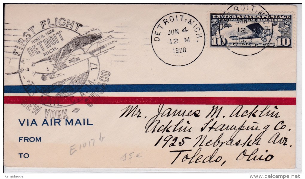 USA - 1928 - POSTE AERIENNE - ENVELOPPE AIRMAIL De DETROIT ( MICHIGAN )  -  FIRST FLIGHT NEW YORK - CHICAGO - 1c. 1918-1940 Lettres