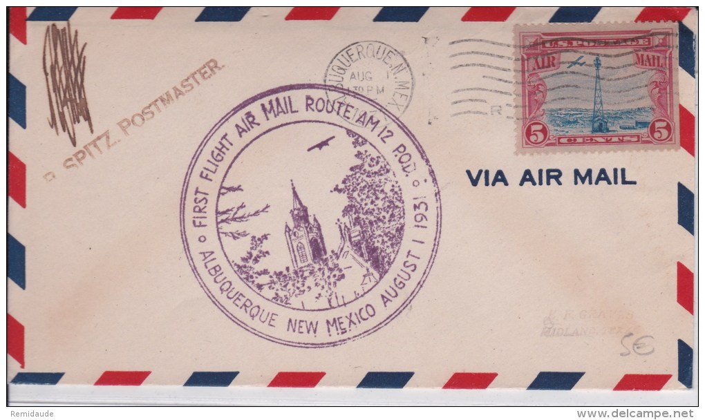 USA - 1931 - POSTE AERIENNE - ENVELOPPE AIRMAIL De ALBUQUERQUE ( NEW MEXICO )  -  FIRST FLIGHT AIR MAIL ROUTE - 1c. 1918-1940 Lettres