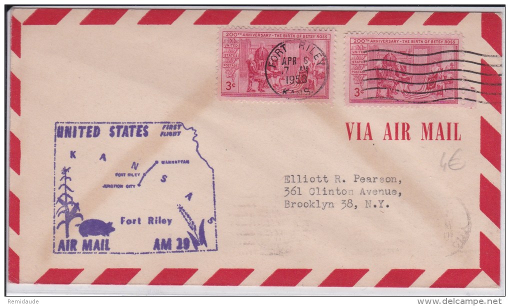 USA - 1953 - POSTE AERIENNE - ENVELOPPE AIRMAIL De FORT RILEY ( KANSAS ) -  FIRST FLIGHT - 2c. 1941-1960 Cartas & Documentos