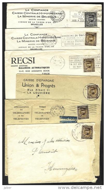 Belgique - CB074 - Albert Ier Képi - 6 Enveloppes - Obl. JEMAPPES-BRUXELLES-HAINE St PIERRE-LIEGE - Assurances Minerve - - 1931-1934 Chepi