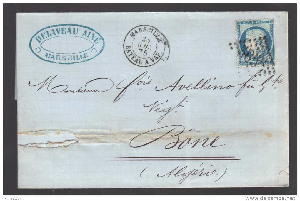 FRANCE 1875 N° 60 Obl. S/Lettre Entiére Marseille Bateau à Vapeur GC 5055 Algérie Philippeville - 1871-1875 Cérès