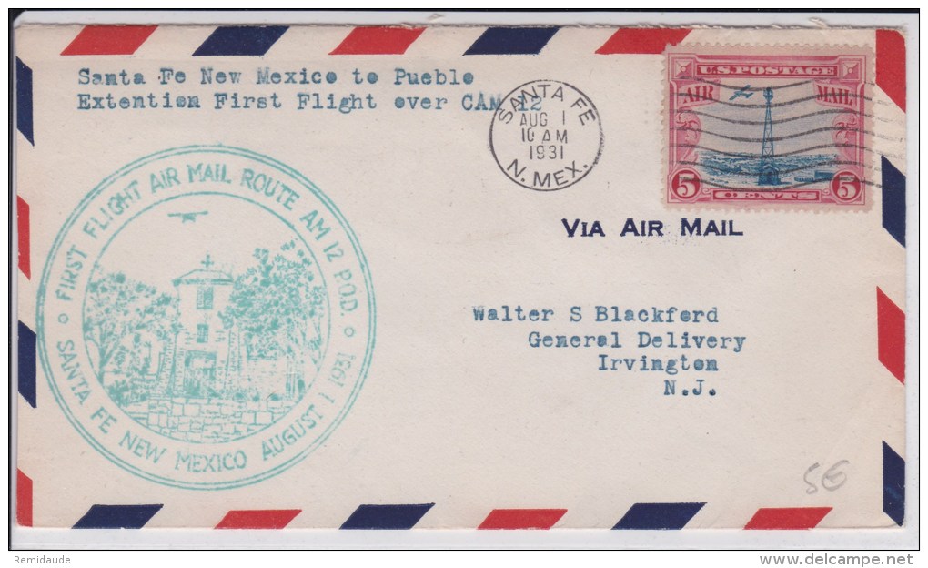 USA - 1931 - POSTE AERIENNE - ENVELOPPE AIRMAIL De SANTA FE ( NEW MEXICO ) -  FIRST FLIGHT AIR MAIL ROUTE AM 12  P.O.D - 1c. 1918-1940 Storia Postale