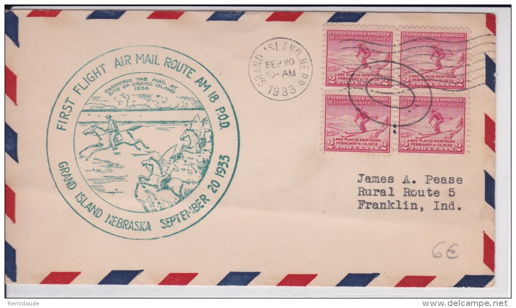 USA - 1933 - POSTE AERIENNE - ENVELOPPE AIRMAIL De GRAND ISLAND ( NEBRASKA ) -  FIRST FLIGHT AIR MAIL ROUTE AM 18 P.O.D - 1c. 1918-1940 Lettres