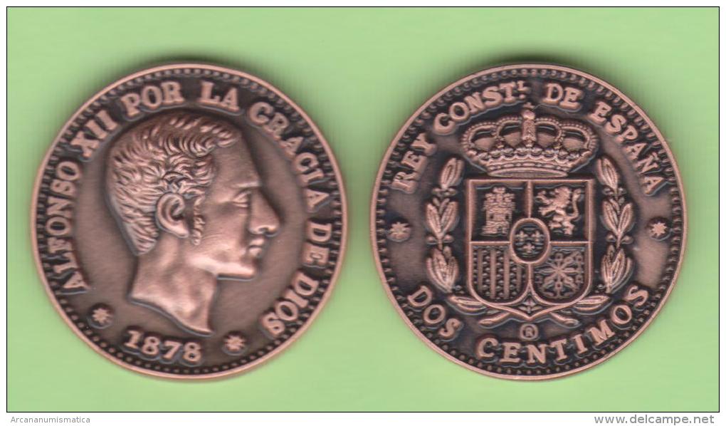 VERY RARE!!! Alfonso XII 2 Céntimos 1.878 Cobre KM#Pn14 SC T-DL-10.461 COPY Cana. - Essays & New Minting