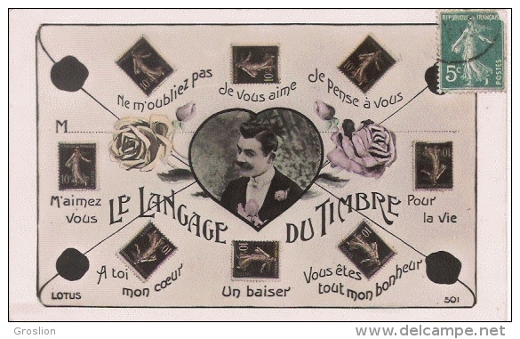 LE LANGAGE DU TIMBRE  501 CARTE FANTAISIE AVEC TIMBRES FRANCAIS SEMEUSES - Timbres (représentations)