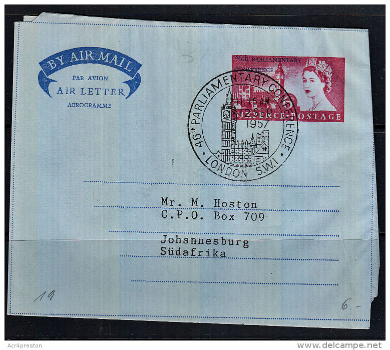 F0013 GREAT BRITAIN (GB) 1957, Parliamentary Conference Airletter  FDC To South Africa - Cartas & Documentos