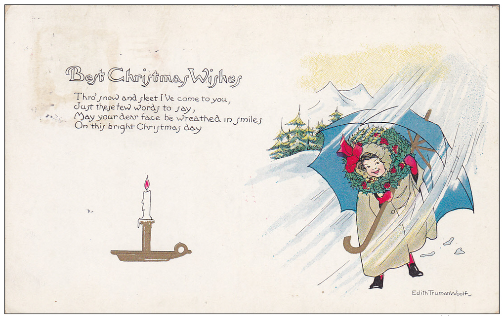 Best Christmas Wishes, Poem, Lit Candle, Girl In The Snow Holding On Tightly To Large Blue Umbrella, Wreath, 00-10s - Autres & Non Classés