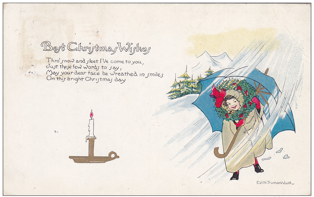 Best Christmas Wishes, Poem, Lit Candle, Girl In The Snow Holding On Tightly To Large Blue Umbrella, Wreath, 00-10s - Other & Unclassified
