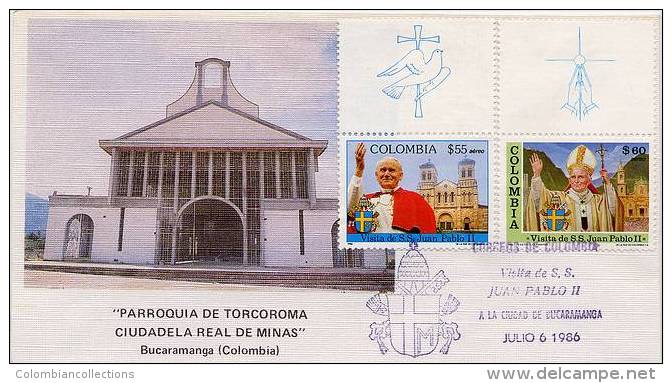 Lote 1704-5Fbpm, Colombia, 1986, SPD - FDC, Papa Juan Pablo II, Pope John Paul II, Bucaramanga, Paloma-Manos - Kolumbien