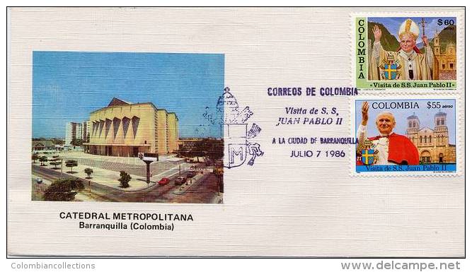 Lote 1704-5Bsb, Colombia, 1986, SPD - FDC, Papa Juan Pablo II, Pope John Paul II, Barranquilla, Sin Bandeleta - Colombie