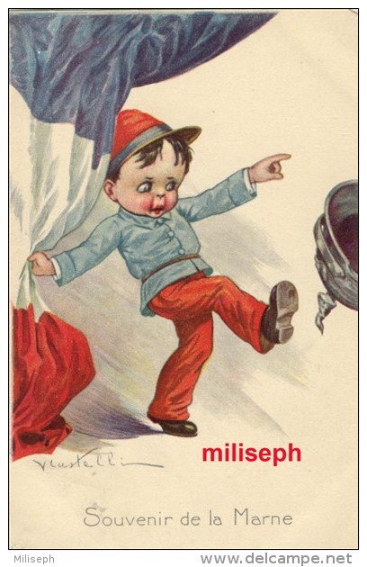 C.P Illustration V. CASTELLI - Souvenir De La Marne - Drapeau Français - Enfant En Uniforme Militaire     (3374) - Castelli