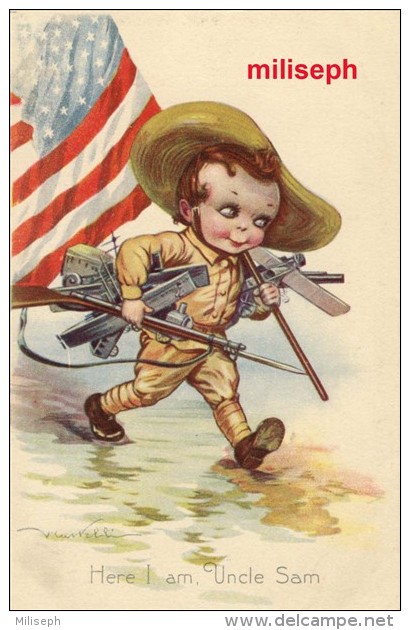 C.P Illustration V. CASTELLI - Here I Am, Uncle Sam - Me Voici, Oncle Sam - Drapeau Américain - Enfant En Uniforme (3375 - Castelli