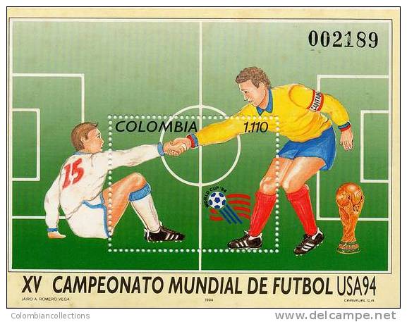 Lote 28b, Colombia, 1994, Futbol, XV Campeonato Mundial, USA 94,  Hoja Filatelica,  Soccer Stamp - Kolumbien