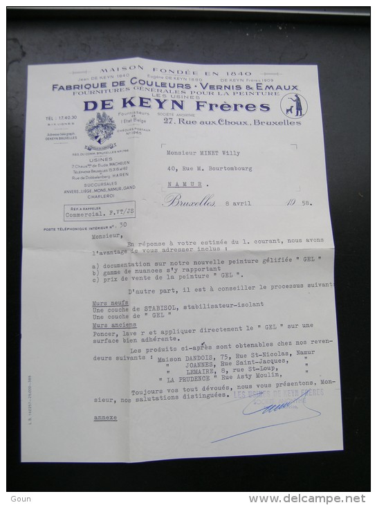 FF Document 1958 De Keyn Frères Fabrique De Couleurs Vernis Et émaux Rue Aux Choux Bruxelles - 1900 – 1949