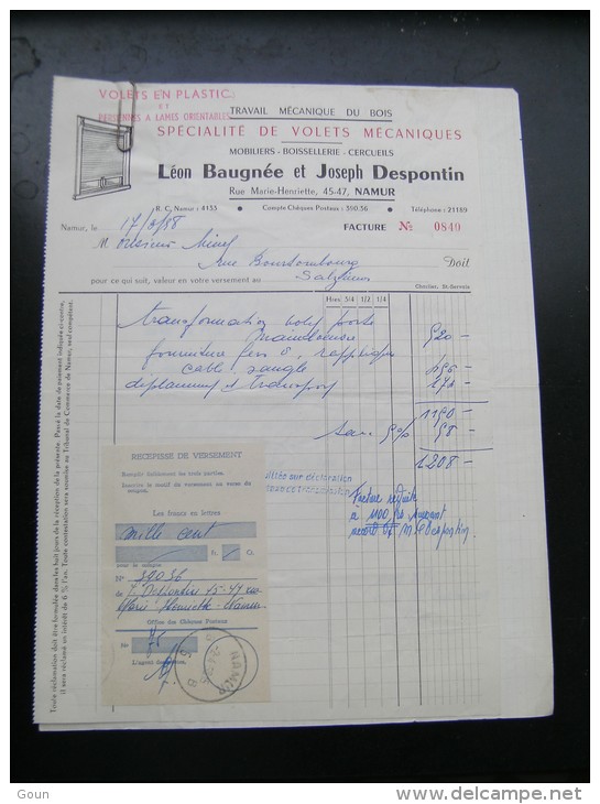 FF Facture 1958  Baugnée Despontin Volets Mécaniques Namur Salzinnes - 1900 – 1949