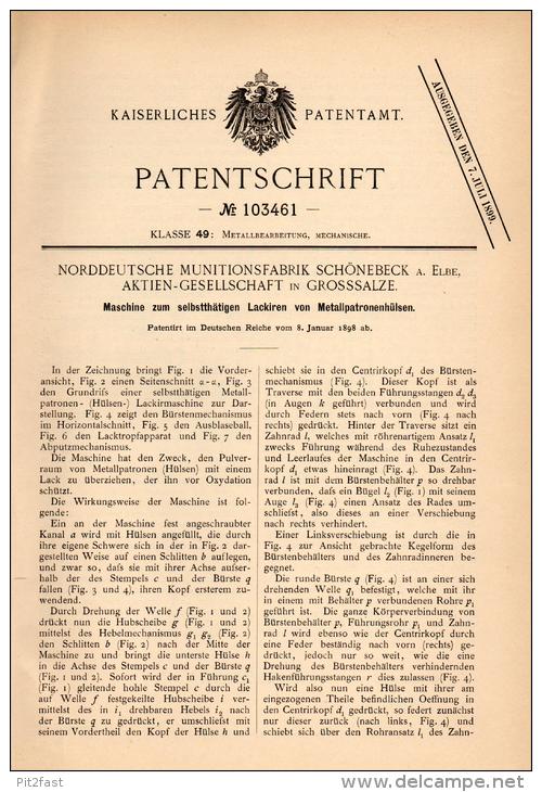 Original Patentschrift - Munitionsfabrik Schönebeck A. Elbe , 1898 , Lackierung Von Patronen , Munition , Groß Salze !!! - Documents