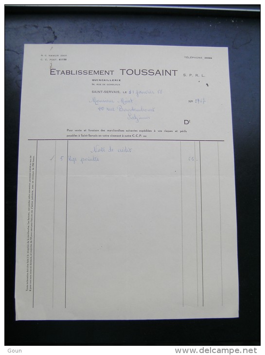 FF Facture  Etablissement Toussaint Quincaillerie Saint-Servais 1958 - 1900 – 1949