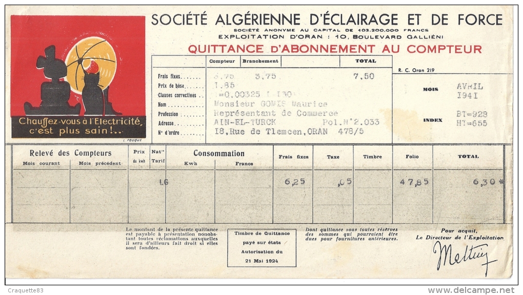 QUITTANCE D´ABONNEMENT AU COMPTEUR-Sété ALGERIENNE D´ECLAIRAGE ET DE FORCE Oran Algerie - 1900 – 1949