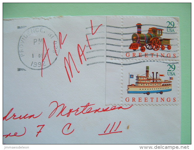 USA 1992 Cover From Providence To Denmark - Greetings - Train Boat - Lung Tuberculosis Label On Back - Cardinal Birds - Briefe U. Dokumente