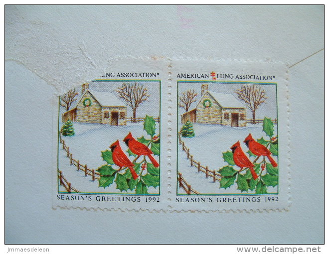 USA 1992 Cover From Providence To Denmark - Greetings - Train Boat - Lung Tuberculosis Label On Back - Cardinal Birds - Briefe U. Dokumente