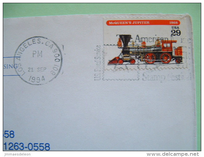USA 1994 Cover From Los Angeles - Train - Geography Logo - Stamp Festival Slogan - Lettres & Documents